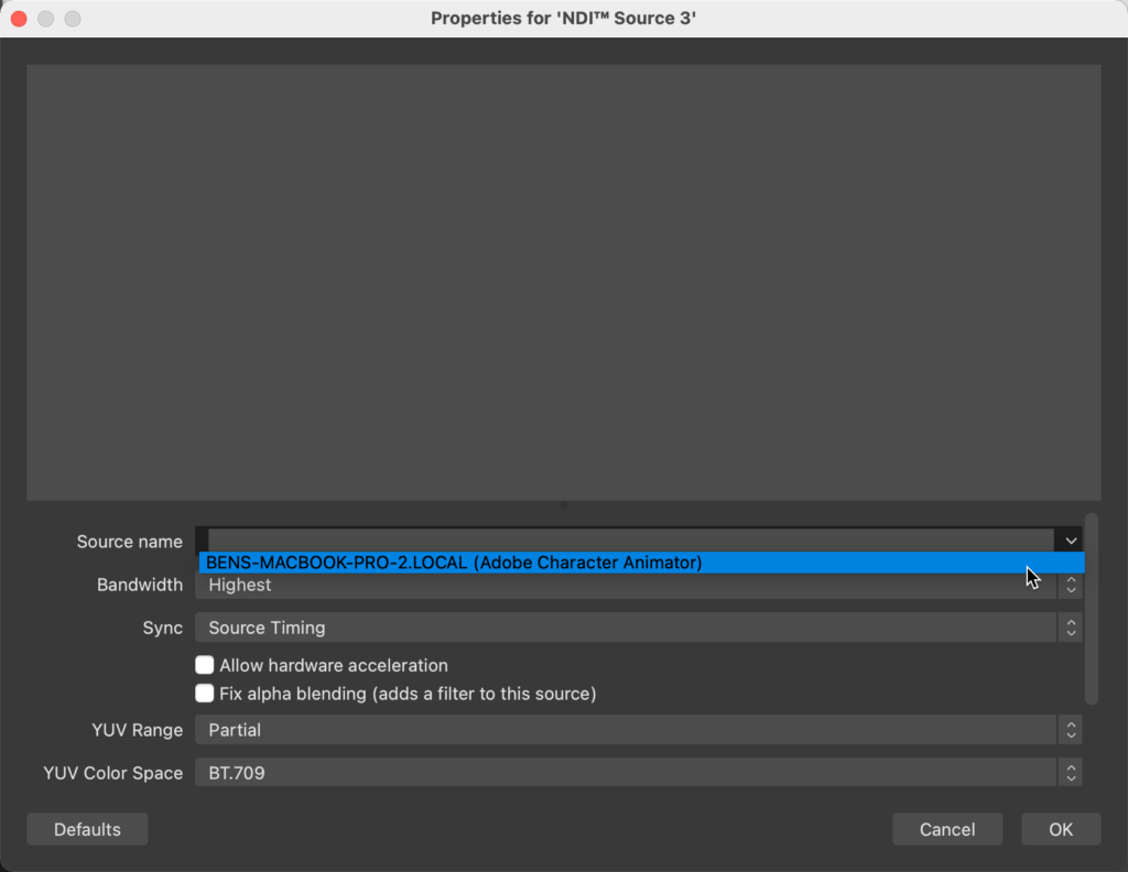 Properties for an NDI Source in OBS.
