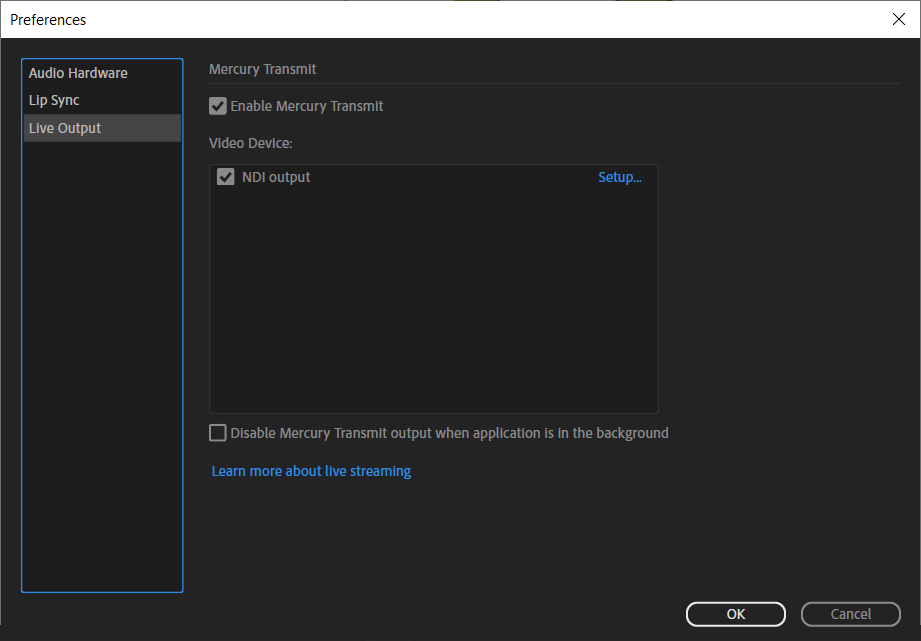 Adobe Character Animator preferences showing how to set Live Output to include an NDI output.