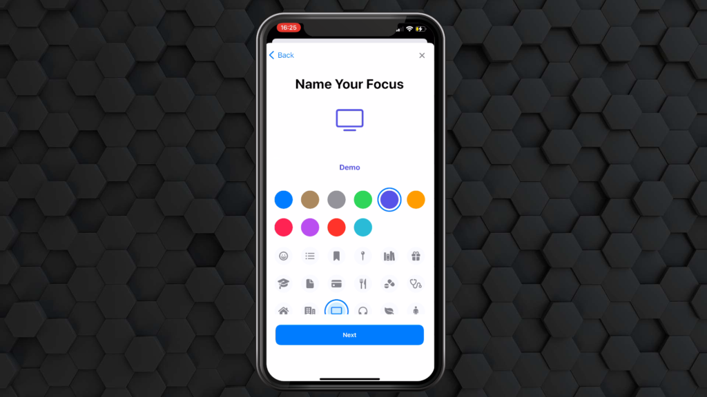 Setting the name of your Focus mode, the color, and the icon in iOS Settings.