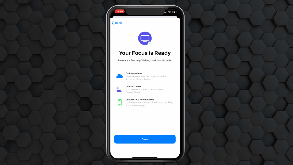 Focus mdoe in iOS setting showing that the Focus mode has been built.